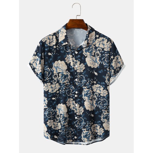 Mens Rose Blossom Graphic Short Sleeve All Matched Shirts