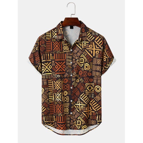 Mens Retro Tribal Print Short Sleeve Front Buttons Shirts