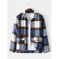 Men Plaid Patchwork Vintage Pockets Button Casual Lapel Jackets