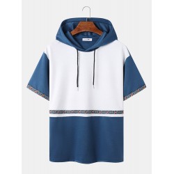 Mens Geometric Pattern Ribbon Patchwork Short Sleeve Hooded T  Shirts